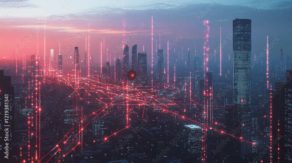 Fototapeta premium Smart digital Innovation city with connection network reciprocity over the twilight cityscape. of future smart wireless digital city and social media networking systems that connects people with city