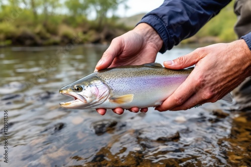 Cooking fresh caught trout on trail, close view photo