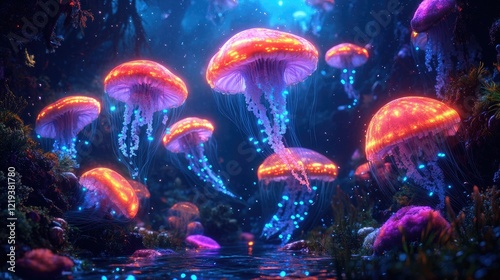 A serene underwater scene featuring luminous jellyfish floating gracefully above a vibrant ocean floor.