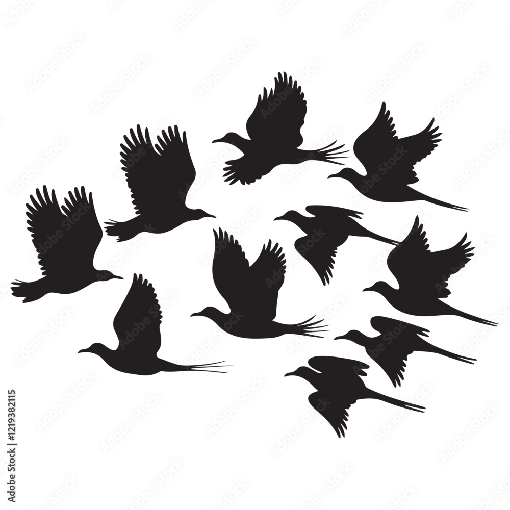 Obraz premium Flock of flying birds silhouette vector, Flying bird black silhouette vector set