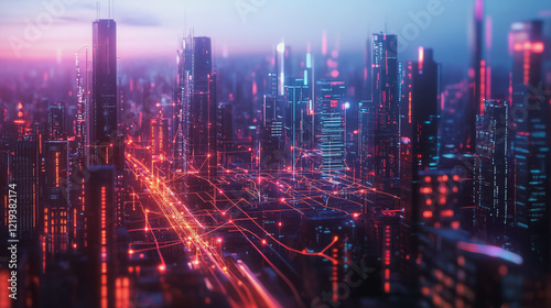 Wallpaper Mural Smart digital Innovation city with connection network reciprocity over the twilight cityscape. of future smart wireless digital city and social media networking systems that connects people with city Torontodigital.ca