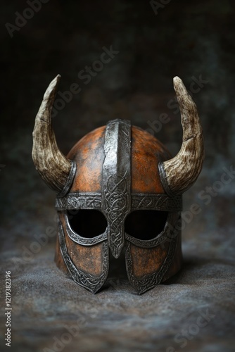 A close-up shot of a helmet with distinctive horns, suitable for fantasy or medieval-themed illustrations photo