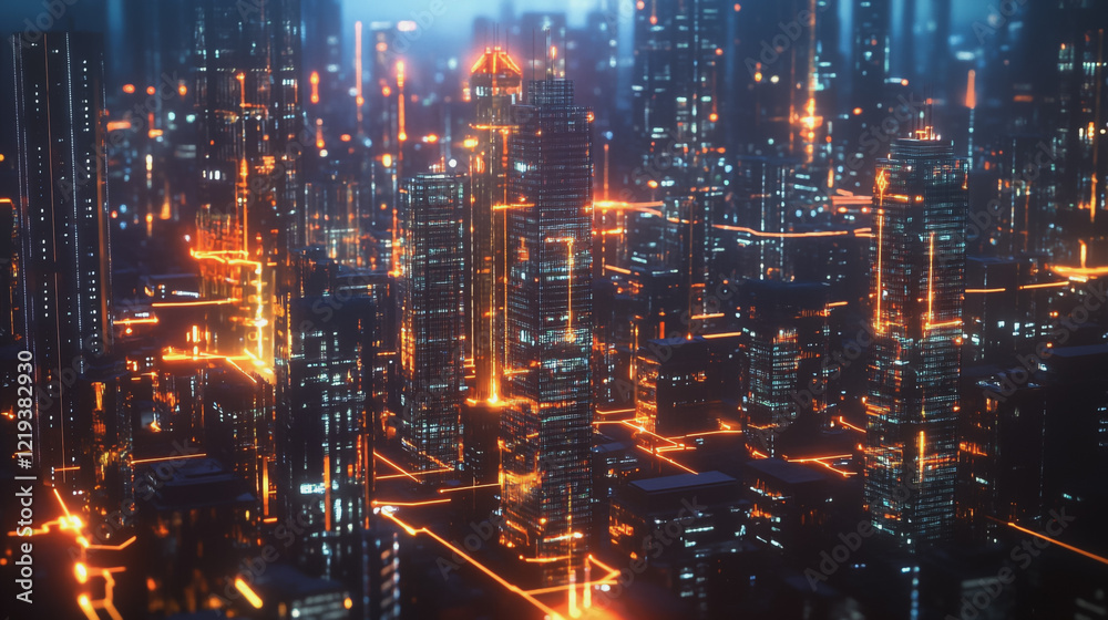 Smart digital Innovation city with connection network reciprocity over the twilight cityscape. of future smart wireless digital city and social media networking systems that connects people with city