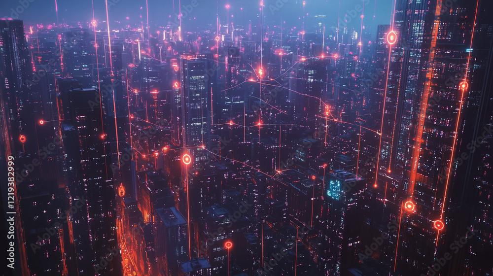 Obraz premium Smart digital Innovation city with connection network reciprocity over the twilight cityscape. of future smart wireless digital city and social media networking systems that connects people with city