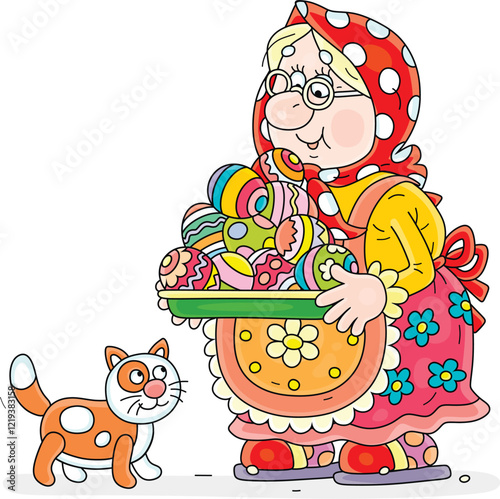 Granny with her funny cat carrying a dish with colorfully painted Easter eggs for a traditional holiday table, vector cartoon illustration on a white background
