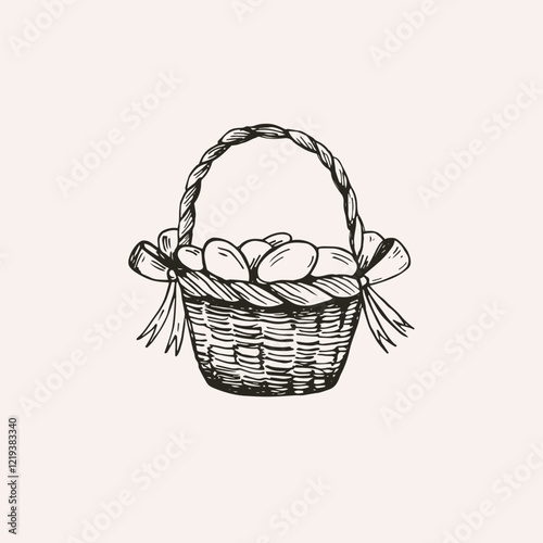 Hand drawn sketch of festive Easter straw craft basket with eggs for text. Design of congratulations on the Christian and Catholic bright holiday. Engraved paschal vector illustration for flyer, card