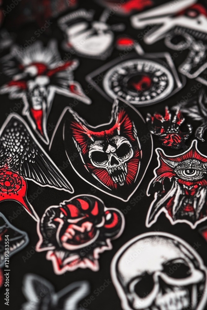 Fototapeta premium Close-up view of a black shirt featuring bold red and white designs