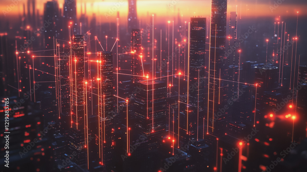 Obraz premium Smart digital Innovation city with connection network reciprocity over the twilight cityscape. of future smart wireless digital city and social media networking systems that connects people with city