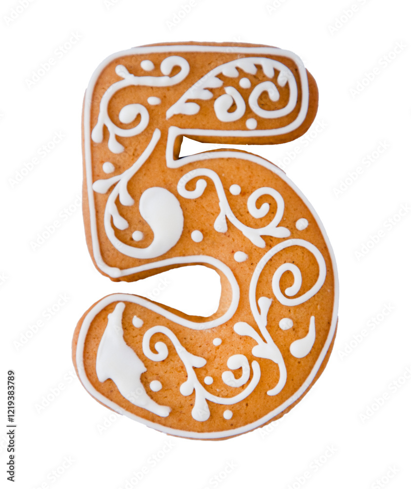 Gingerbread Cookie Number Five decorated with white sugar glaze isolated on white background. Christmas cookies.