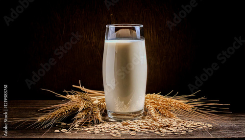 Oat Milk and Oats,A glass of oat milk with a bowl of oats and wheat stalks on a wooden surface against a dark background. photo