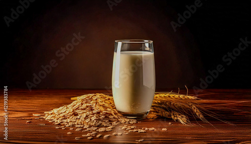 Oat Milk and Oats,A glass of oat milk with a bowl of oats and wheat stalks on a wooden surface against a dark background. photo