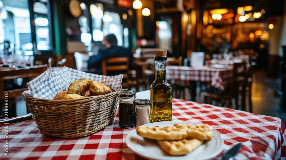 Fototapeta premium A cozy Italian trattoria with checkered tablecloths, a basket of breadsticks, and a bottle of olive oil on the table