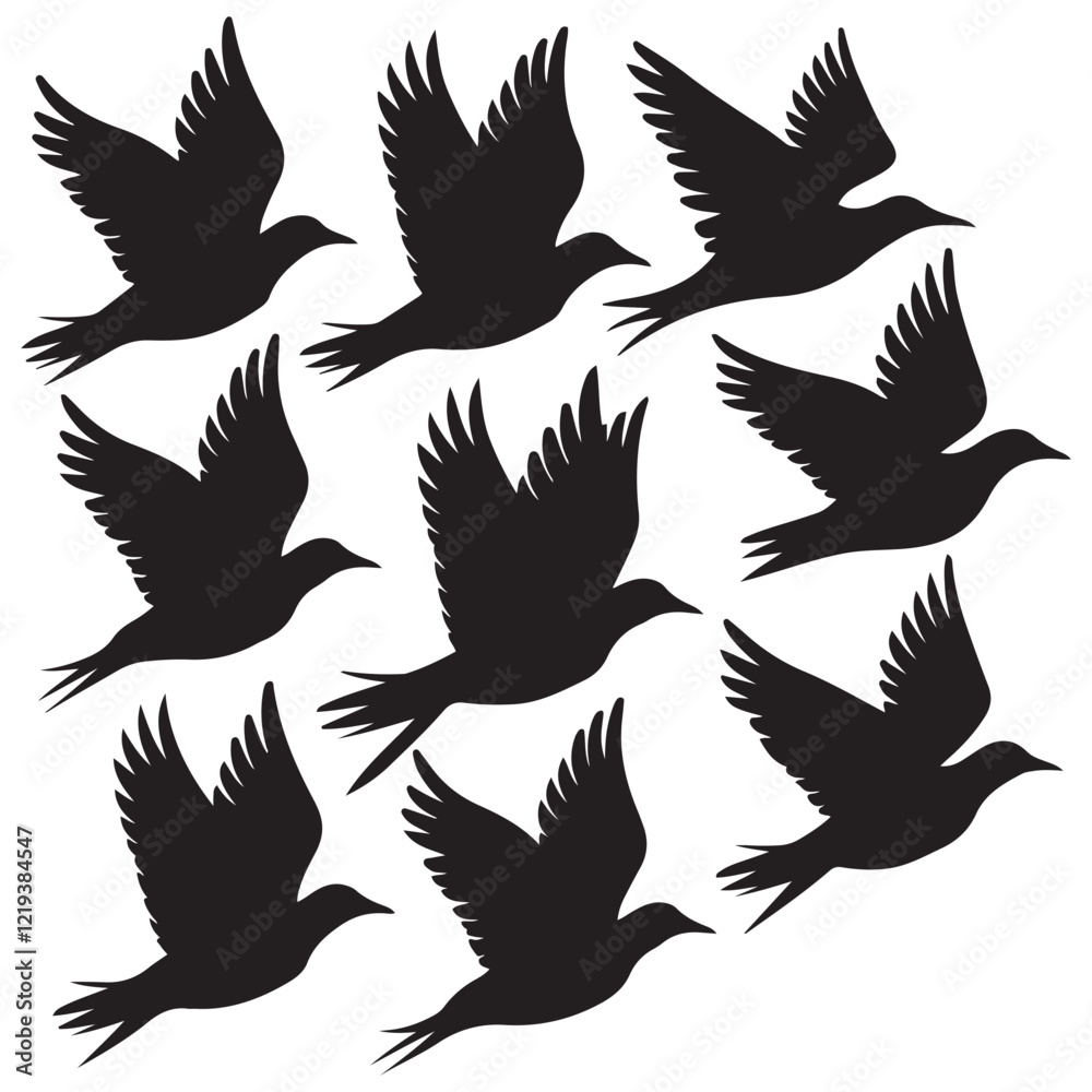 Flock of flying birds silhouette vector, Flying bird black silhouette vector set Flock of flying birds silhouette vector, Flying bird black silhouette vector set