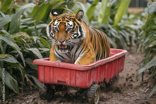 Tiger Cub in a Red Wagon: A Majestic Moment in Nature's Embrace