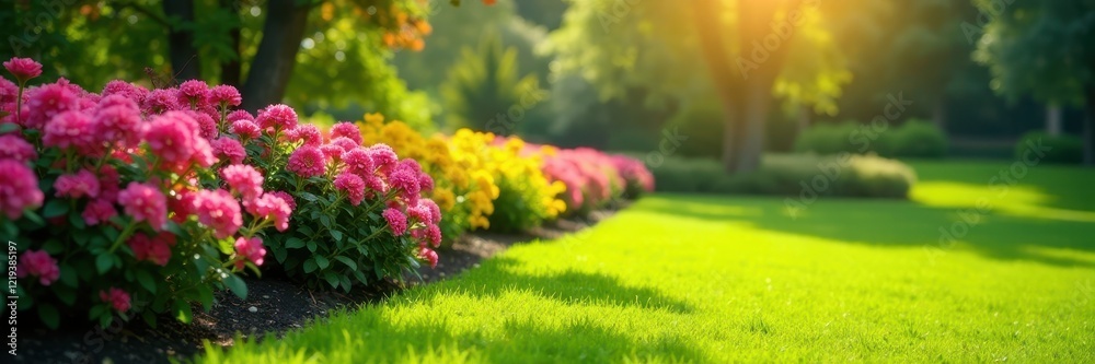 Obraz premium flowering shrubs, manicured lawn, late spring sunlight, May, light