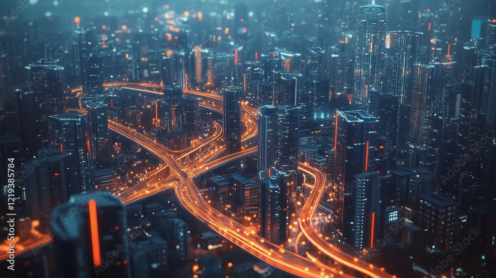 Fototapeta premium Smart digital Innovation city with connection network reciprocity over the twilight cityscape. of future smart wireless digital city and social media networking systems that connects people with city