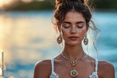 A woman sits in the water wearing a white dress and necklace. She is in a relaxed and peaceful state. Close-up. Generative AI.