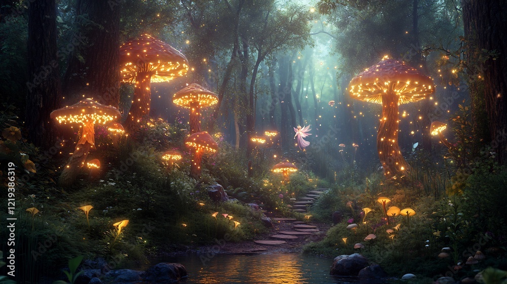 Obraz premium Enchanted Fairy Forest: Glowing Mushrooms and Magical Fairy