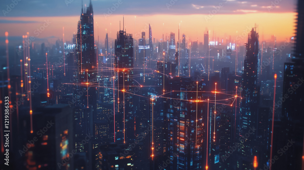 Fototapeta premium Smart digital Innovation city with connection network reciprocity over the twilight cityscape. of future smart wireless digital city and social media networking systems that connects people with city