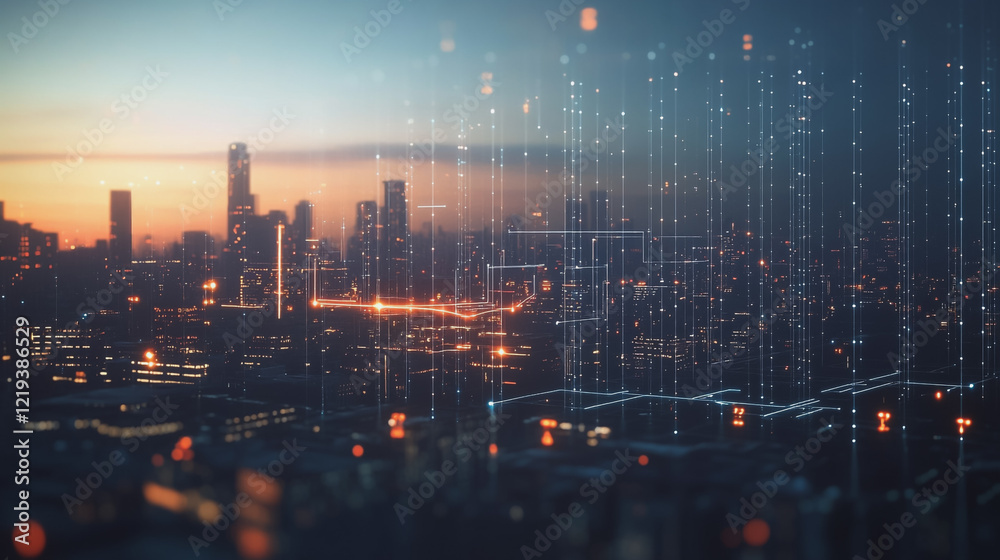 Fototapeta premium Smart digital Innovation city with connection network reciprocity over the twilight cityscape. of future smart wireless digital city and social media networking systems that connects people with city