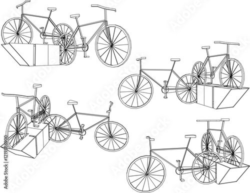 vector sketch of a unique wooden bicycle parking area for placement in the garden 
