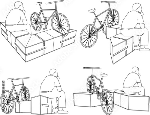 vector sketch of a unique wooden bicycle parking area for placement in the garden