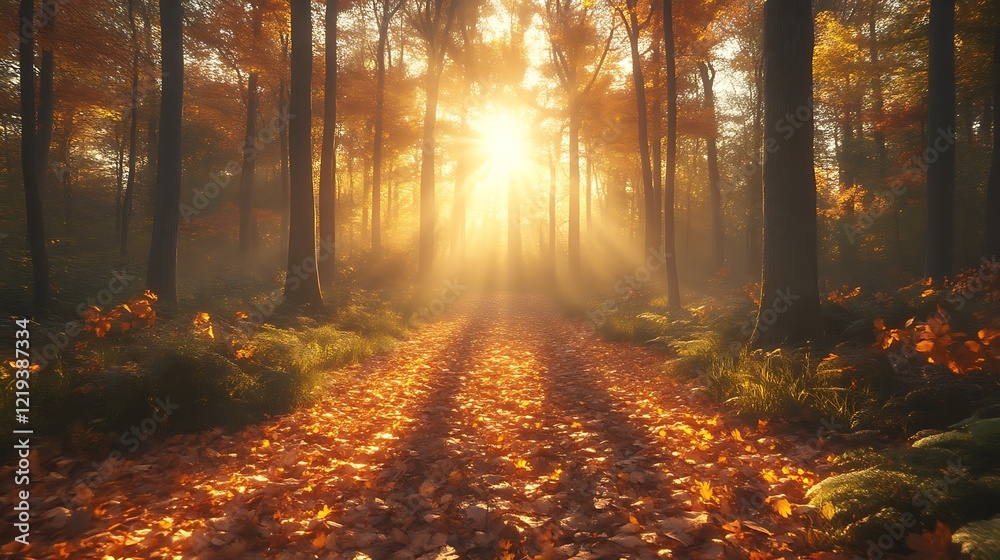 Obraz premium Golden Sunlight Illuminates Autumn Forest Path