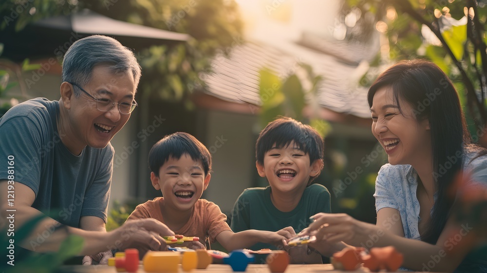 Obraz premium Joyful Asian Family Enjoying Games Together in Vibrant Outdoor Setting