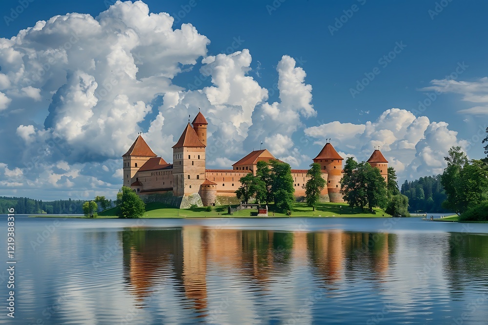 Panoramic aerial view of Trakai castle in Lithuania, Europe Panoramic aerial view of Trakai castle in Lithuania, Europe