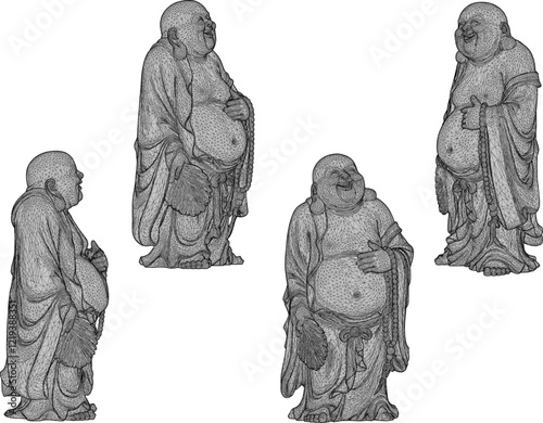 Vector sketch illustration of a smiling buddha ornament design full of wisdom standing holding a fan