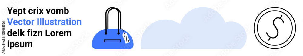 Blue handbag with black handles, abstract cloud in light blue, and a circle with a stylized dollar sign. Ideal for fashion, e-commerce, weather apps, financial services, minimalistic design, online Blue handbag with black handles, abstract cloud in light blue, and a circle with a stylized dollar sign. Ideal for fashion, e-commerce, weather apps, financial services, minimalistic design, online