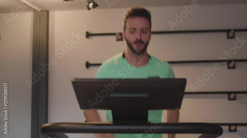 Fitness instructor exercising on fancy modern machine. Man walking on treadmill.. photo