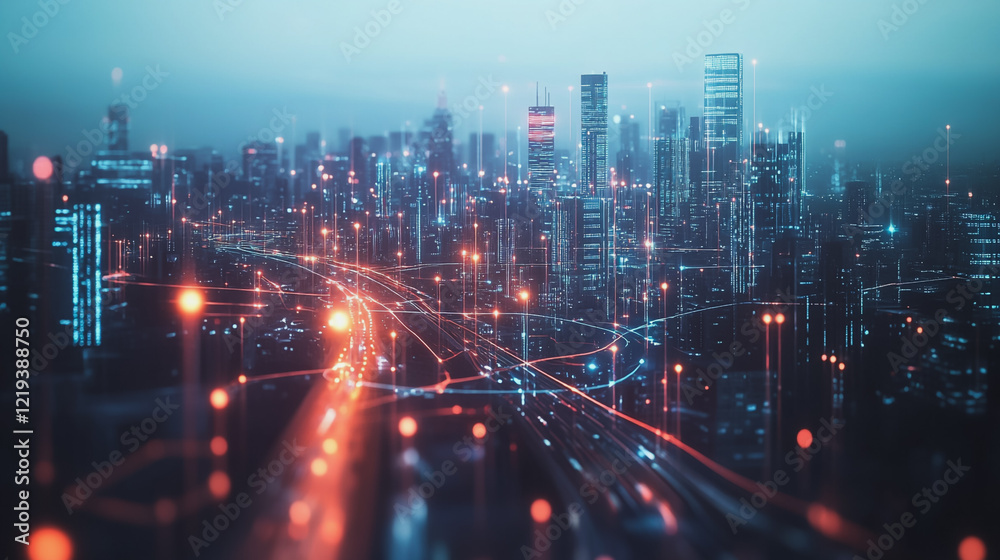 Smart digital Innovation city with connection network reciprocity over the twilight cityscape. of future smart wireless digital city and social media networking systems that connects people with city Smart digital Innovation city with connection network reciprocity over the twilight cityscape. of future smart wireless digital city and social media networking systems that connects people with city