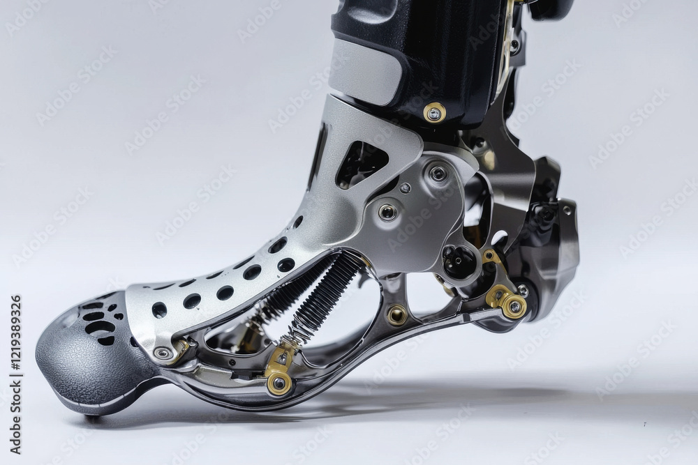 Close-up view of a modern prosthetic foot showcasing adjustable ankle joints and intricate design for enhanced mobility Close-up view of a modern prosthetic foot showcasing adjustable ankle joints and intricate design for enhanced mobility
