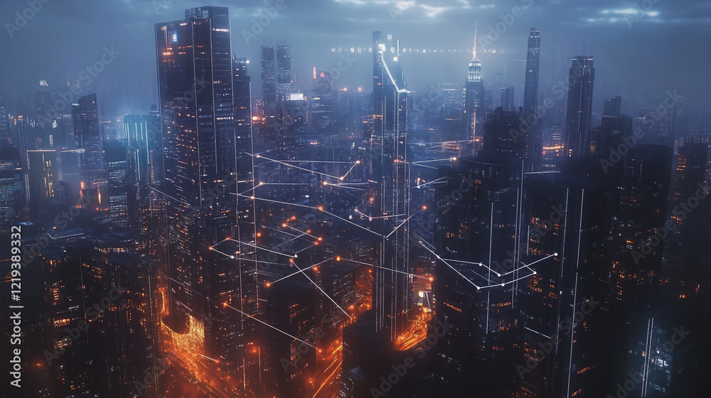 Obraz premium Smart digital Innovation city with connection network reciprocity over the twilight cityscape. of future smart wireless digital city and social media networking systems that connects people with city