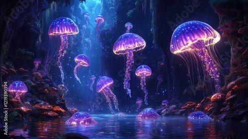 A serene underwater scene featuring luminous jellyfish floating gracefully above a vibrant ocean floor.