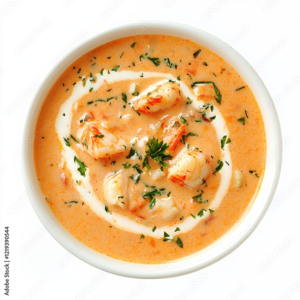 A hearty bowl of creamy lobster bisque with a swirl of cream, isolated white background, realism art style A hearty bowl of creamy lobster bisque with a swirl of cream, isolated white background, realism art style