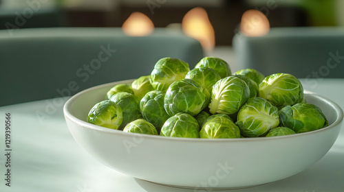 A bowl of freshly picked brussels sprouts, placed on a modern white table with soft lighting