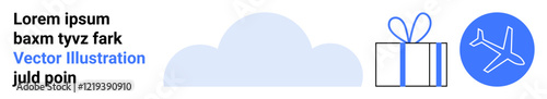 Cloud with a gift box tied with a ribbon, airplane icon inside a blue circle. Ideal for travel, rewards programs, cloud services, online shopping, holiday promotions, loyalty programs, international