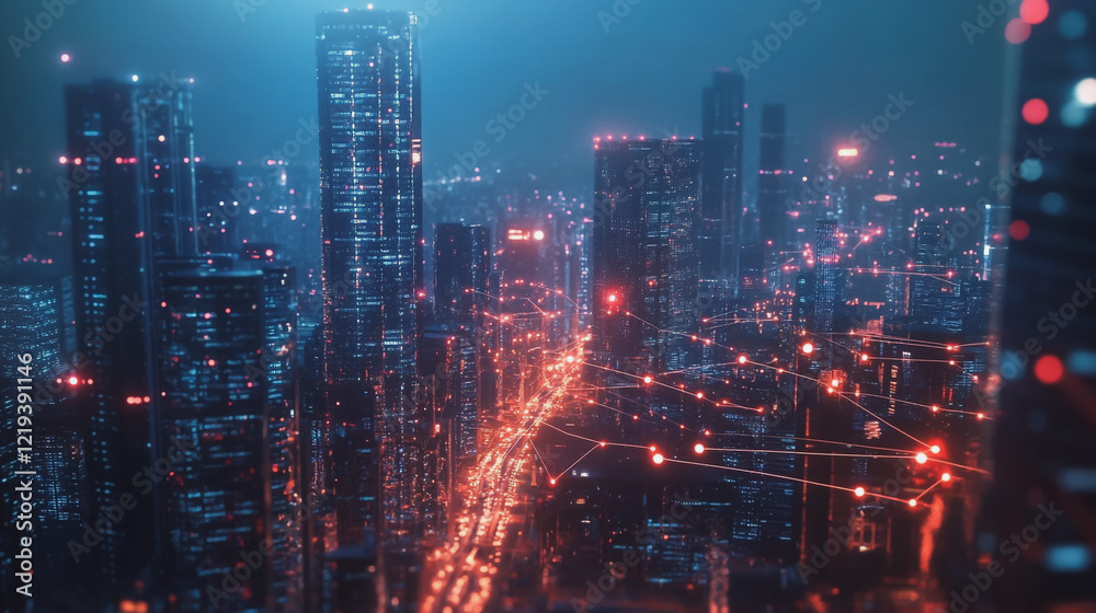 Fototapeta premium Smart digital Innovation city with connection network reciprocity over the twilight cityscape. of future smart wireless digital city and social media networking systems that connects people with city