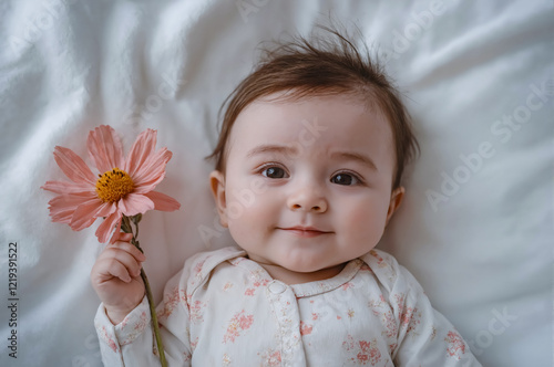 Wallpaper Mural A child holding a pink flower in her hand. She has a smile on her face and her eyes are brown. Concept of innocence and joy. Close-up. Generative AI. Torontodigital.ca