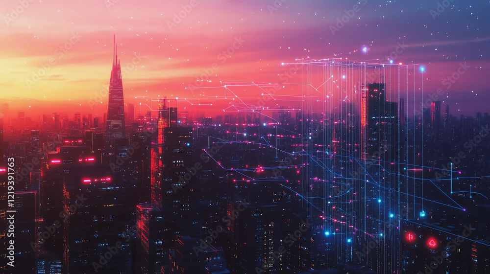 Fototapeta premium Smart digital Innovation city with connection network reciprocity over the twilight cityscape. of future smart wireless digital city and social media networking systems that connects people with city