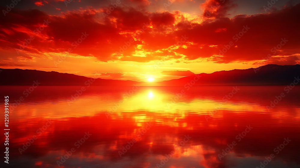 Fiery Sunset Over Calm Lake Mountainscape