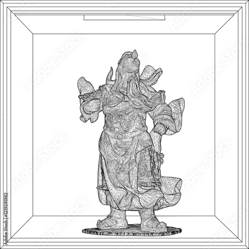 Vector sketch illustration of decorative design of holy war god statue standing giving orders to troops 