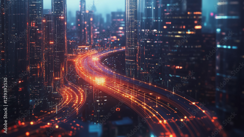 Naklejka premium Smart digital Innovation city with connection network reciprocity over the twilight cityscape. of future smart wireless digital city and social media networking systems that connects people with city