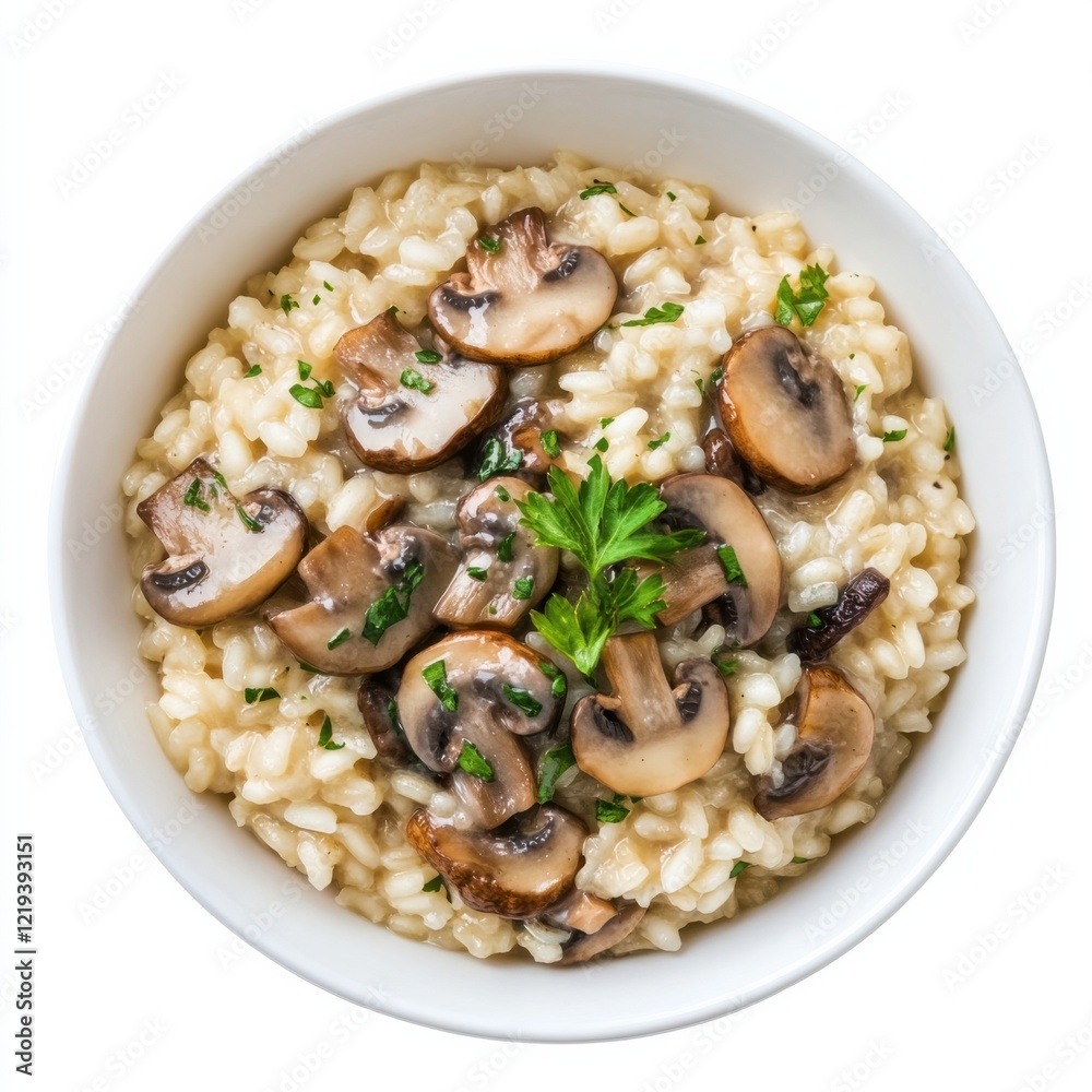 A hearty bowl of creamy mushroom risotto with parmesan cheese, isolated white background, retro art style A hearty bowl of creamy mushroom risotto with parmesan cheese, isolated white background, retro art style