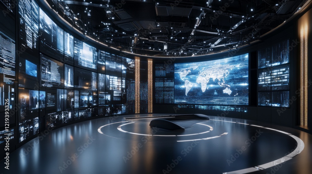 Global data center control room; screens display world map and information Global data center control room; screens display world map and information
