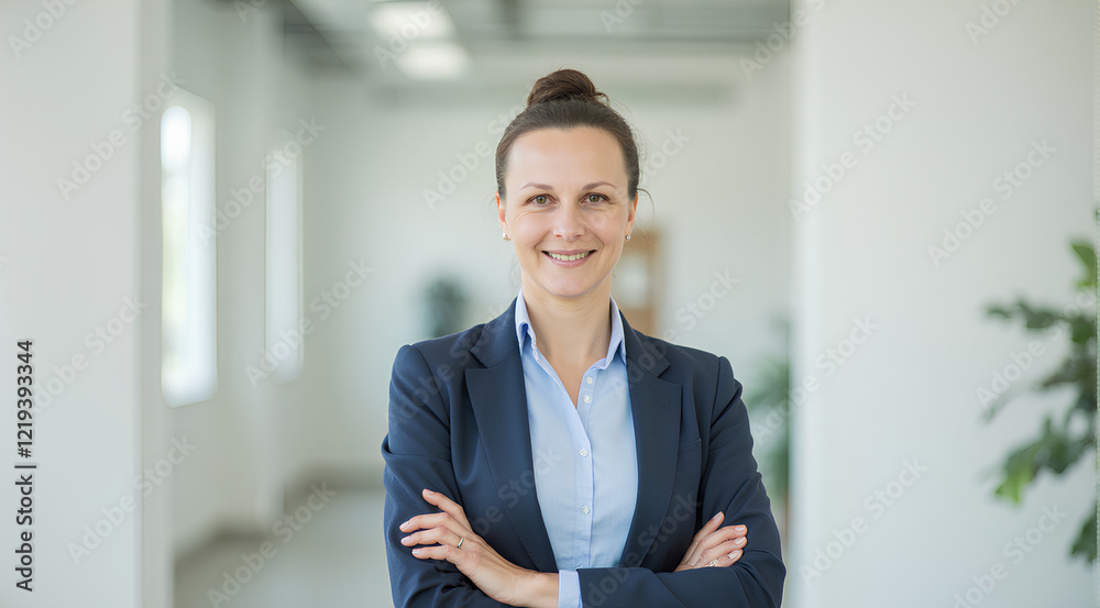Happy middle aged business woman ceo standing in office arms crossed Happy middle aged business woman ceo standing in office arms crossed