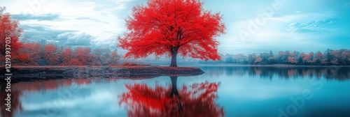 Vibrant Red Tree Reflecting in Calm Water photo