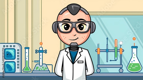 Cartoon Style Robot with Human Face in Lab Coat and Glasses in Laboratory Setting